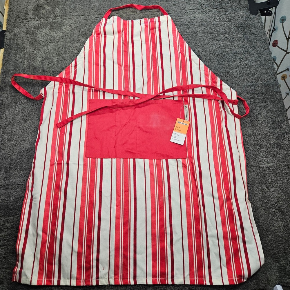 Le Creuset Apron Unisex OS Cherry Red Striped Cotton Twill Stain Resistant NWT